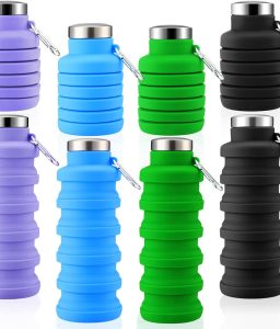Lallisa 4 Pcs Collapsible Water Bottles 17 oz Reusable Silicone Foldable Travel Water Bottle Portable Leak Proof Sports Water Bottles for Gym Camping Hiking (Blue, Purple, Gray, Green)